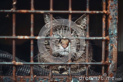 Lonely stray cat in shelter cage abandoned feline behind rusty bars, yearning for care Stock Photo