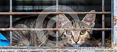 Lonely stray cat in shelter cage, abandoned feline hungry behind rusty bars in animal shelter Stock Photo