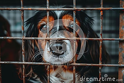 Lonely stray dog in shelter cage, abandoned, hungry, and hopeful, waiting for a loving home Stock Photo