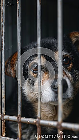 Lonely stray dog in shelter cage abandoned, hungry puppy seeks owner on streets Stock Photo