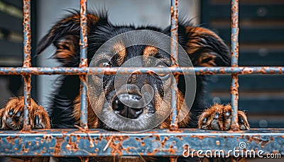 Lonely stray dog in shelter cage abandoned, hungry, and sorrowful behind rusty bars Stock Photo