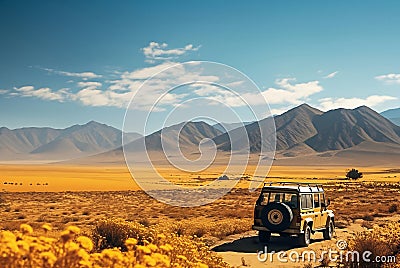 A lonely SUV in the Etosha National Park of Namibia Stock Photo