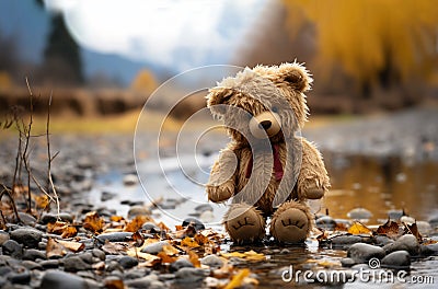 Lonely Teddy bear doll standing alone with blurry autumn forest background,Lost brown bear toy looking sad,International missing Stock Photo