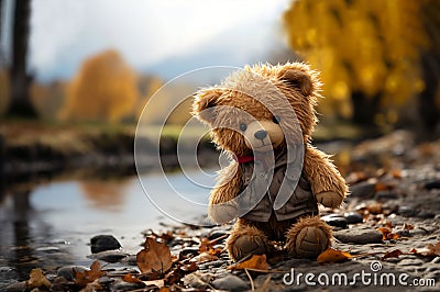 Lonely Teddy bear doll standing alone with blurry autumn forest background,Lost brown bear toy looking sad,International missing Stock Photo