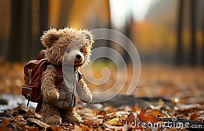 Lonely Teddy bear doll standing alone with blurry autumn forest background,Lost brown bear toy looking sad,International missing Stock Photo