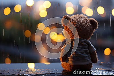 Lonely teddy bear weeps by the window, rain and bokeh Stock Photo