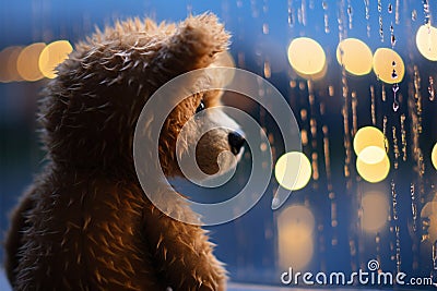 Lonely teddy bear weeps by the window, rain and bokeh Stock Photo