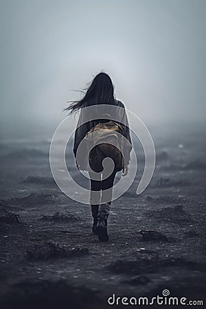 lonely teen girl. teen overcoming depression. wearing black leggings, jacket and backpack. Stock Photo