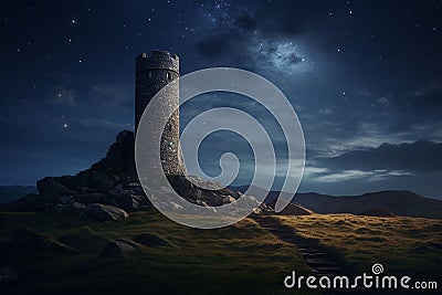 Lonely tower piercing the serene and starlit Stock Photo