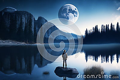 Lonely traveler watching moon over pine forest digital art Cartoon Illustration