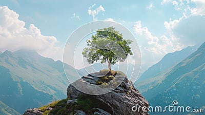 Lonely tree on cliff top at on blue sky background, scenic view of mountains in summer, amazing landscape with rock and green Stock Photo