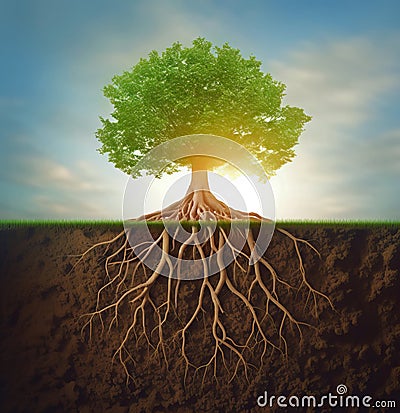 Lonely tree with its root system growing deep into the ground, soil cross section. Generative AI illustration Cartoon Illustration