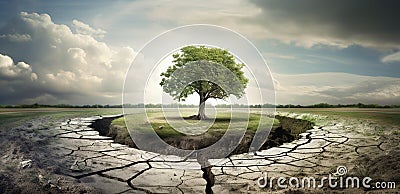 lonely tree in middle of dry ground, plant in desert, climate change concept, generative AI Stock Photo