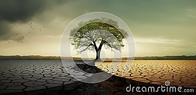 lonely tree in middle of dry ground, plant in desert, climate change concept, generative AI Stock Photo