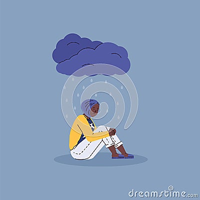 Lonely unhappy depressed teenage girl sitting on floor in rain from dark cloud Vector Illustration