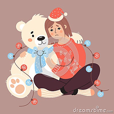 Cute happy woman with dog and gift box, Christmas ball and holly. Vector illustration in cartoon style. New Year Vector Illustration