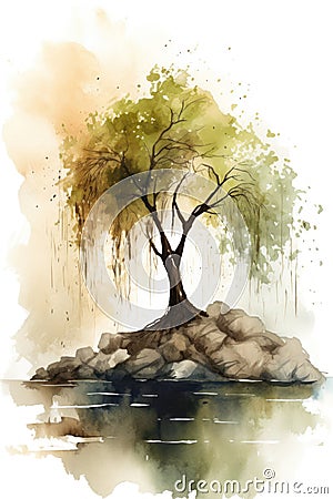 Lonely Willow Tree on Rocky Beach: A Minimalistic Watercolor Painting. Stock Photo