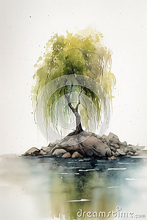 Lonely Willow Tree on Rocky Beach in Watercolor Style Painting . Stock Photo