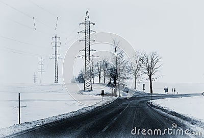 Lonely winter landscape with crossroads and the way out Stock Photo