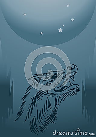 Lonely wolf with moon Vector Illustration