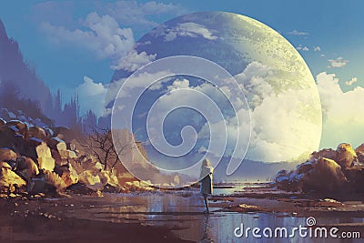 Lonely woman looking at another earth Cartoon Illustration