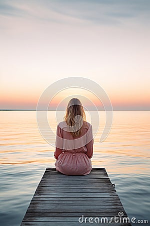 lonely woman sitting on wooden pier at lake or sea, serenity and calmness, solitude concept Stock Photo