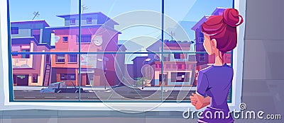 Lonely woman stand at cracked window rear view Vector Illustration