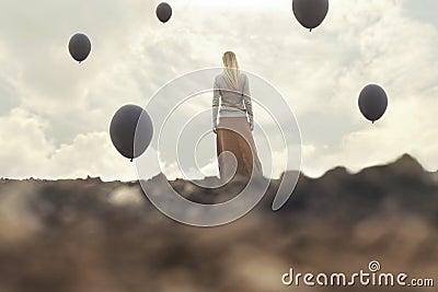 Lonely woman walking towards infinity in a surreal place Stock Photo