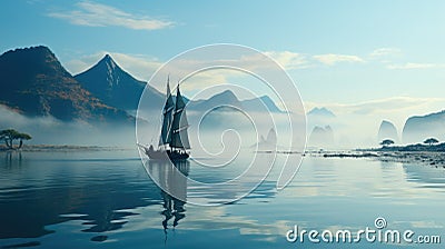 Lonely yacht sailing on silent sea Stock Photo