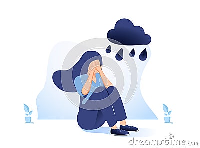 Lonely young girl sitting on floor and cover her face with arms. Sad child is crying. Female character feels depression. Vector Illustration