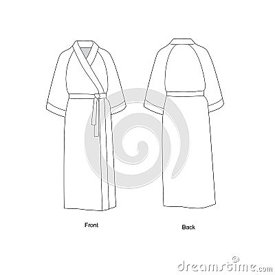 Long bath robe with raglan sleeves. Bathrobe technical drawing vector. Stock Photo