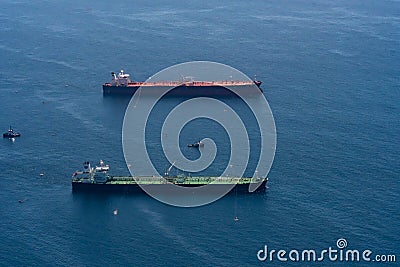 Aerial view of two Freighters anchored off the coast of Long Beach Editorial Stock Photo