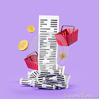 Long bill and red shopping basket on violet background Stock Photo