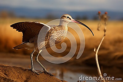 Long-billed Curlew, a graceful Numenius americanus, forages in wetlands. Stock Photo