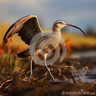 Long-billed Curlew, a graceful Numenius americanus, forages in wetlands. Stock Photo