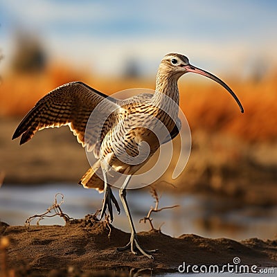 Long-billed Curlew, a graceful Numenius americanus, forages in wetlands. Stock Photo