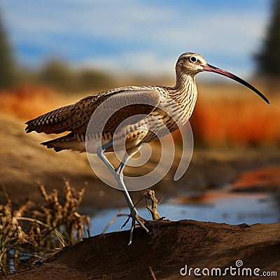 Long-billed Curlew, a graceful Numenius americanus, forages in wetlands. Stock Photo