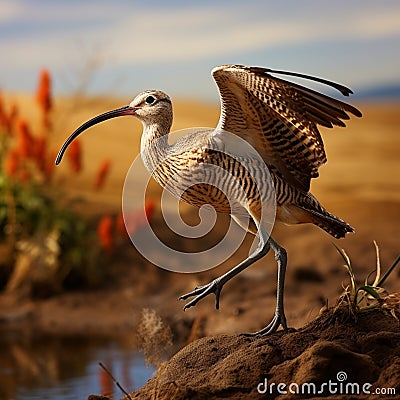 Long-billed Curlew, a graceful Numenius americanus, forages in wetlands. Stock Photo