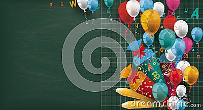 Long Blackboard Colored Balloons Letters Pencils Candy Cones Vector Illustration