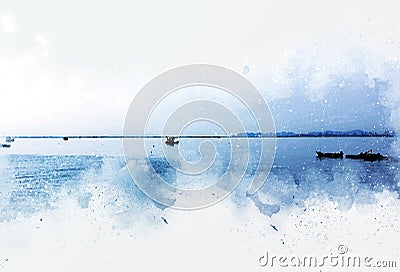 Long boat fishing on watercolor paining background Stock Photo