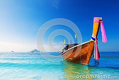 Long boat and tropical beach, Andaman Sea Stock Photo