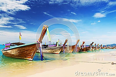 Long boat and tropical beach, Thailand Stock Photo