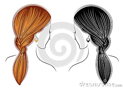 Long braids creative brown hair, isolated on white background. Hairstyles of a woman. Set of vector illustrations Cartoon Illustration