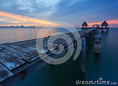 The long bridge over the sea with a beautiful sunrise, Thailand Stock Photo