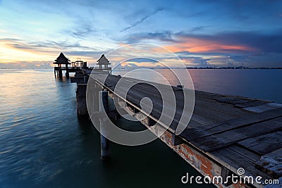 The long bridge over the sea with a beautiful sunrise, Thailand Stock Photo