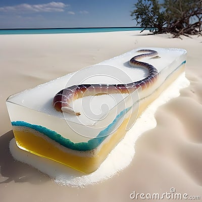 Long brown snake on a beach embedded slaying on an icy jelly rectangle brick Stock Photo