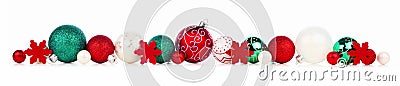 Long Christmas border of red, white and green ornaments isolated on white Stock Photo