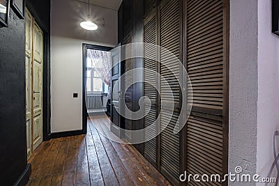 Long corridor in interior of entrance hall of modern apartments with doors, cabinets, shelves and a mirror Stock Photo