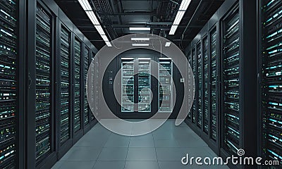 long, dimly lit hallway with rows black computer servers on either side, creating sense depth and perspective. Stock Photo