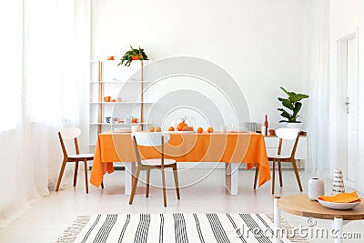 Long dining room table covered with orange tablecloth and comfortable white chairs Stock Photo